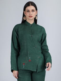 1401 The Label - Women Green Linen Embroidered Top