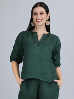 1401 The Label - Women Green Linen Solid Top