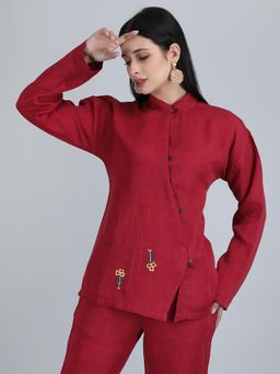 1401 The Label - Women Maroon Linen Embroidered Top