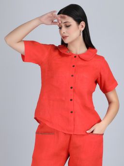 1401 The Label - Women Orange Linen Embroidered Shirt