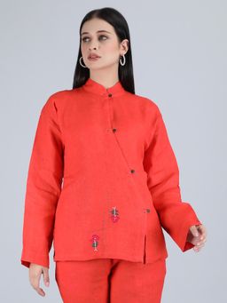 1401 The Label - Women Orange Linen Embroidered Top