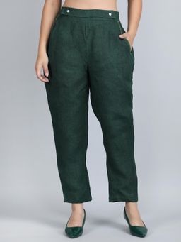 1401 The Label - Women Green Linen Solid Pant