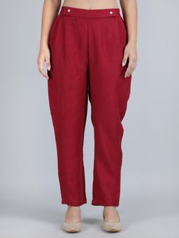 1401 The Label - Women Maroon Linen Solid Pant