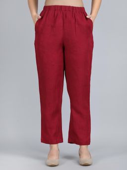 1401 The Label - Women Maroon Linen Solid Pant