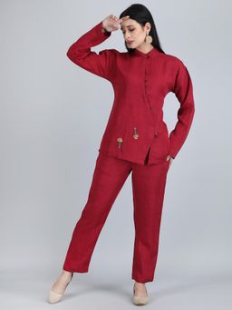 1401 The Label - Women Maroon Linen Embroidered Co-Ord Set