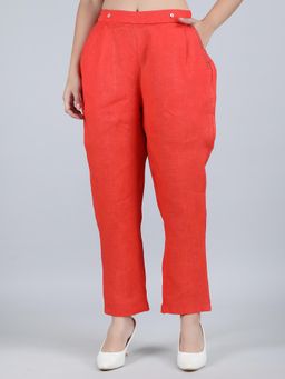 1401 The Label - Women Orange Linen Solid Pant