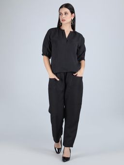 1401 The Label - Women Black Linen Solid Co-Ord Set
