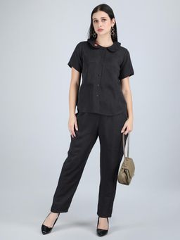 1401 The Label - Women Black Linen Embroidered Co-Ord Set