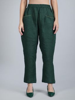 1401 The Label - Women Green Linen Solid Pant