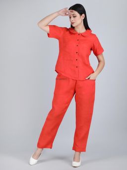 1401 The Label - Women Orange Linen Embroidered Co-Ord Set