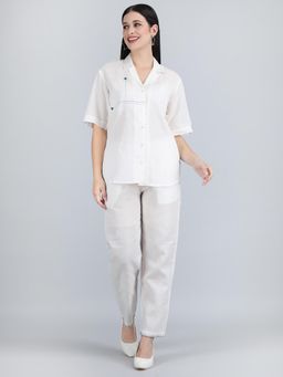 1401 The Label - Women White Linen Embroidered Co-Ord Set