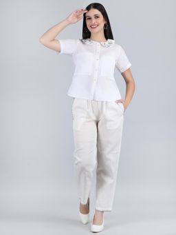 1401 The Label - Women White Linen Embroidered Co-Ord Set