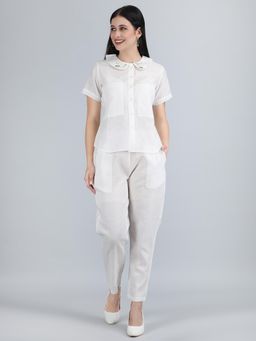 1401 The Label - Women White Linen Embroidered Co-Ord Set