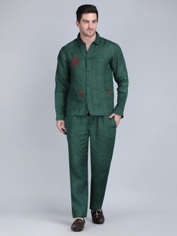 1401 The Label - Men Green Linen Embroidered Co-Ord Set
