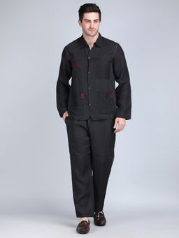 1401 The Label - Men Black Linen Embroidered Co-Ord Set