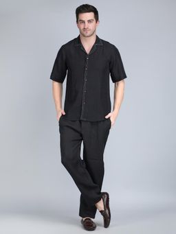 1401 The Label - Men Black Linen Solid Co-Ord Set