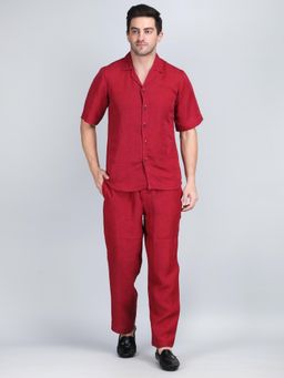 1401 The Label - Men Maroon Linen Solid Co-Ord Set