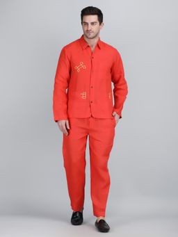 1401 The Label - Men Orange Linen Embroidered Co-Ord Set