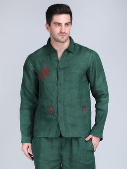 1401 The Label - Men Green Linen Embroidered Shirt