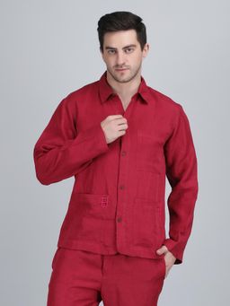 1401 The Label - Men Maroon Linen Embroidered Shirt
