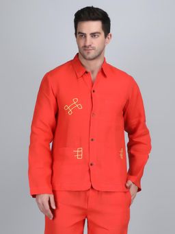 1401 The Label - Men Orange Linen Embroidered Shirt