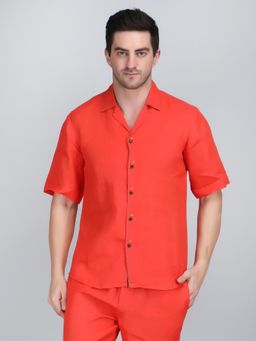 1401 The Label - Men Orange Linen Solid Shirt
