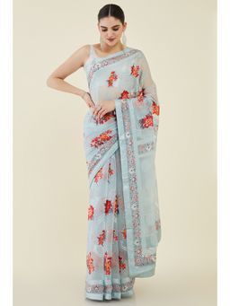 Soch - Women Blue Organza Printed Saree with Unstitched Blouse