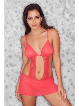 Zivame - Jewel Tone Sheer Lace Teddy with Inbuilt G-String- Coral