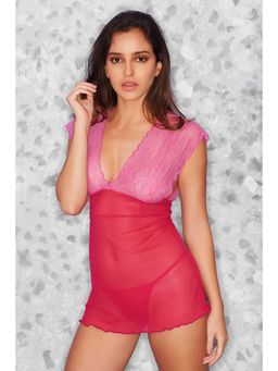 Zivame - Sheer n Sexy V Neck Chemise with G-String- Magenta
