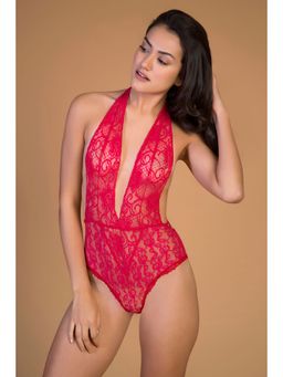 Zivame - Sheer n Sexy Halter Neck Teddy with Inbuilt Hipster Panty- Red