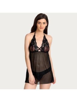 Zivame - Lace N Mesh Babydoll With Thong - Black