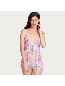 Zivame - Mesh Fly Away Babydoll With Panty - Blue N Print