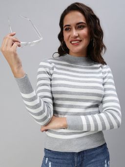 SHOWOFF - Women's Horizontal Stripes Regular Grey Round Neck Top