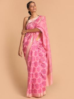 Indethnic - Pink Floral Cotton Blend Saree with Unstitched Blouse