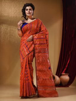 Arhi - Orange Cotton Handwoven jamdhani Saree with Chevron Designs