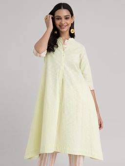 Pink Fort - Front Pleat Striped Cotton Kurta Lime Green