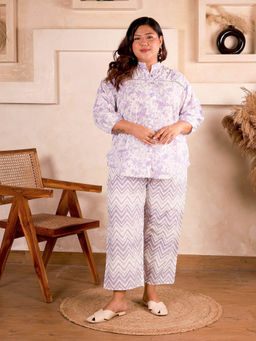 Indietoga Plus Size - Women Plus Size Lavender Floral Printed Cotton Co-Ord Set