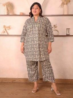Indietoga Plus Size - Women Plus Size Brown Cotton Long Line Co-Ord Set