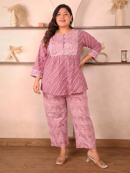 Indietoga Plus Size - Women Plus Size Pink Stripes Print Cotton Long Line Co-Ord Set