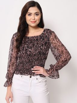 Trend Arrest - Black Floral Print Smocking Top