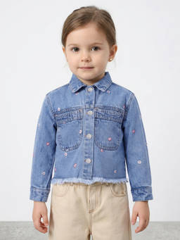 R&B - Girls Blue Full Sleeves Floral Embroidery Denim Jacket