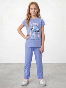 R&B - Girls Blue Stitch Print Pure Cotton T-Shirt and Pyjama