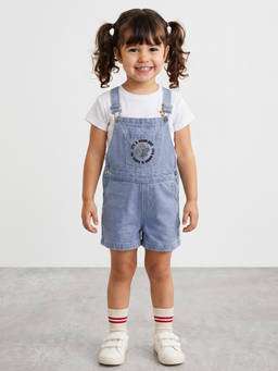 R&B - Girls Blue Floral Embroidered Short Dungaree
