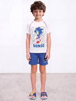 R&B - Boys White and Blue Pure Cotton Sonic Print T-Shirt and Shorts