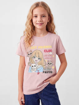 R&B - Girls Pink Graphic Printed Short Sleeves Pure Cotton T-shirt