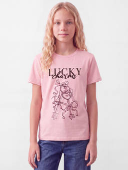 R&B - Girls Pink Graphic Printed Short Sleeves Pure Cotton T-shirt