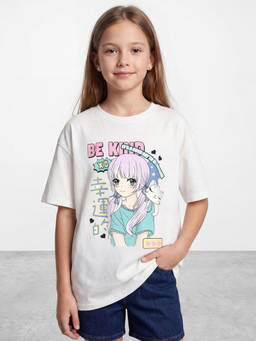 R&B - Girls Ivory Graphic Printed Short Sleeves Pure Cotton T-shirt