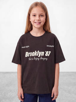 R&B - Girls Brown Typography Printed Short Sleeves Pure Cotton T-shirt