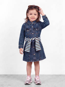 R&B - Girls Blue Solid Collared Long Sleeves Denim Shirt Dress