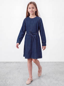 R&B - Girls Blue Solid Round Neck Denim A-Line Dress